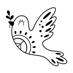 Black and white retro groovy bird clipart, cute pigeon, hand drawn vector illustration in flat style.