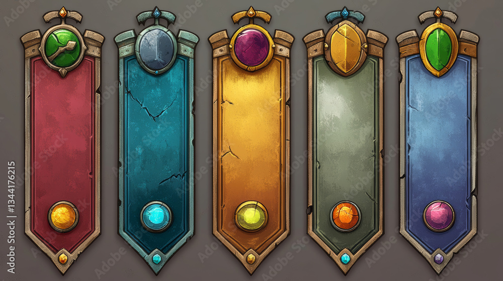Poster medieval game buttons, user interface menu elements. oblong colorful ui banners with ornate rims and