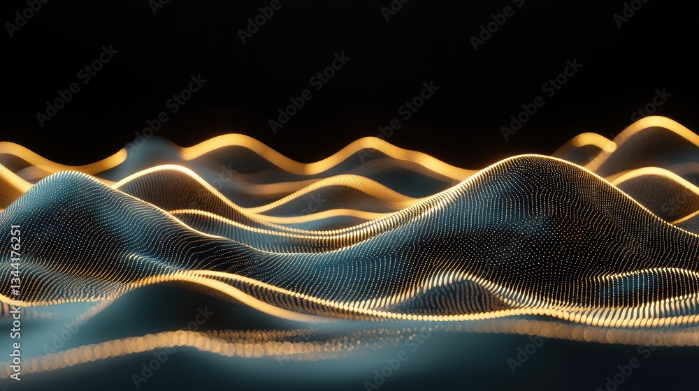 Poster glowing blue and orange lights form a digital wave pattern made of dots, creating an abstract backgr