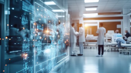 Obraz premium Large Digital Display Showcasing Complex Medical Data Dominates Foreground with Medical Professionals Interacting in Bright Hospital Environment Behind