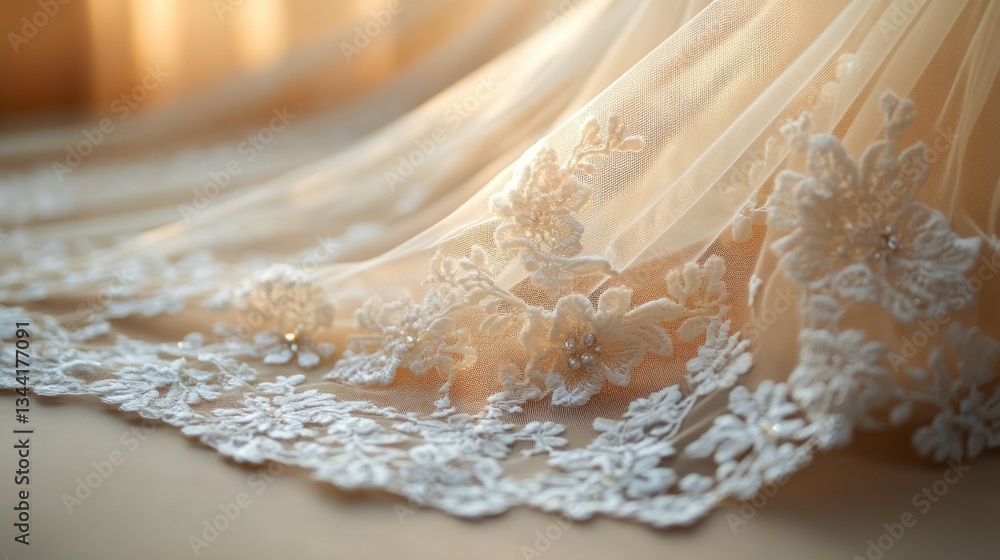 Poster intricate lace detailing adorns fine beige fabric, illuminated softly by warm natural light filterin