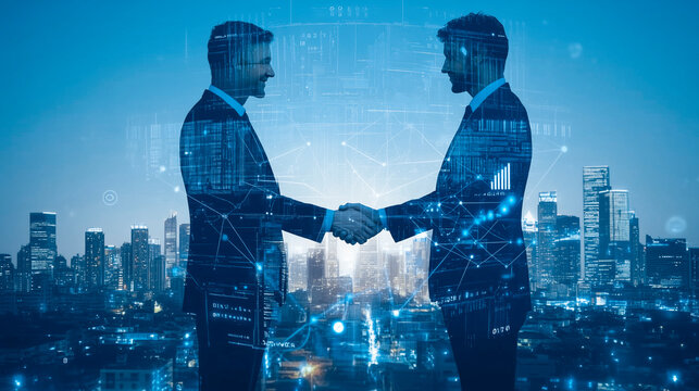 オフィスビルを背景に握手する2人のビジネスマン