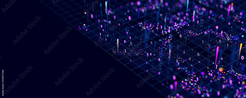 Poster macro of quantum computing technology. digital patterns of big data. microworld of llm ai learning p