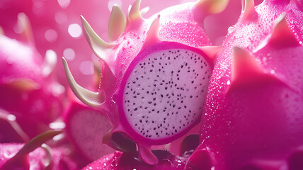 Fototapeta premium Vibrant dragon fruit with pink skin and white flesh on the ground with water droplets isolated on transparent background