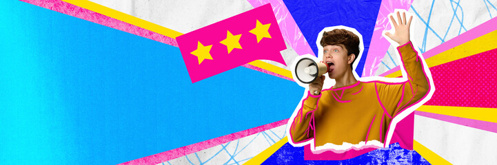 Guy shouting in megaphone for feedback. Representation of consumer voice, reputation management,...