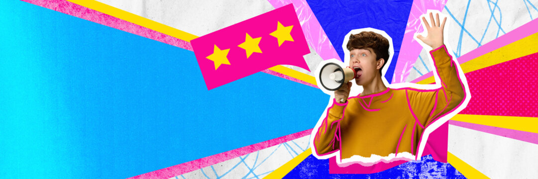 Guy shouting in megaphone for feedback. Representation of consumer voice, reputation management, and public perception. Concept of business, testimonial, communication, and marketing strategy.
