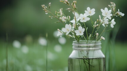 Close-up of a glass jar with a bunch of white flowers in it. the jar is sitting on a grassy surface with a blurred background of greenery.
