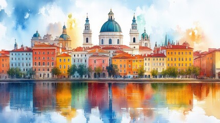 Fototapeta premium Watercolor Cityscape View of Vienna Austria with Iconic Architecture and Reflections