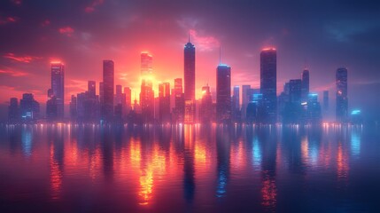 Fototapeta premium Futuristic city skyline with sleek skyscrapers glowing lights modern urban environment illustration