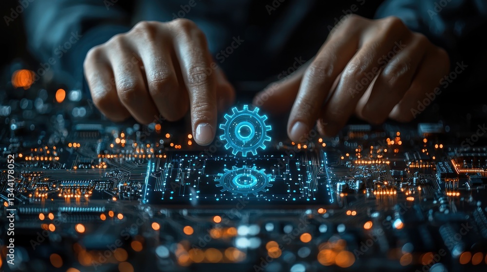 Poster hands and glowing gears on a complex electronic circuit board backdrop
