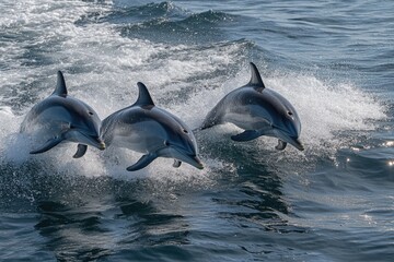Fototapeta premium Three dolphins gracefully leaping out of ocean waves, showcasing their agility and playfulness