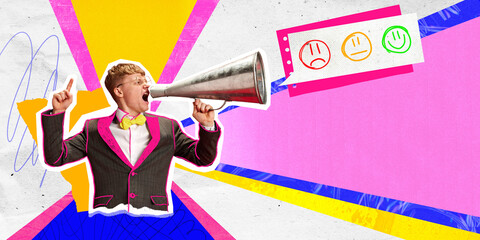 Man expressing opinions through megaphone. Strong communication of opinions shaping brand...