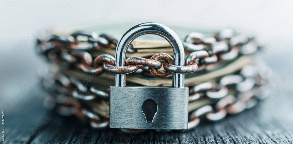 Poster A close-up view shows a sturdy padlock connected to a heavy chain, securing stacks of banknotes. The scene illustrates the importance of safeguarding financial assets and ensuring privacy.