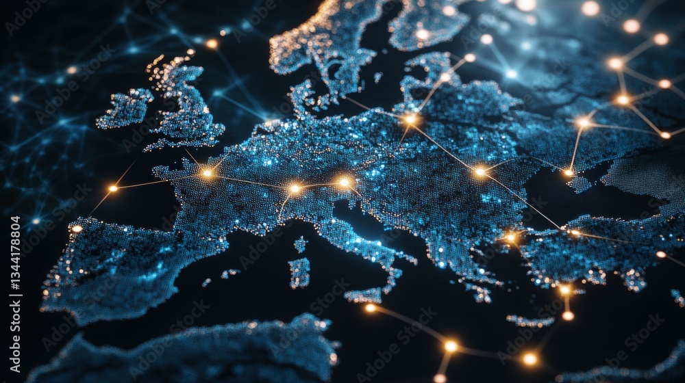Poster stylized digital rende of europe as a network of interconnected nodes and glowing lines illustrating