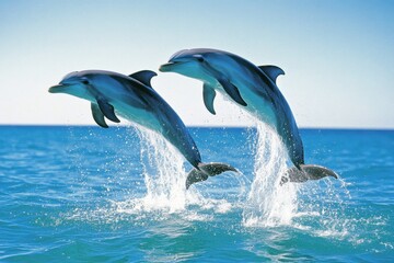 Obraz premium Two dolphins leaping out of the clear blue ocean under a bright sky, showcasing their agility