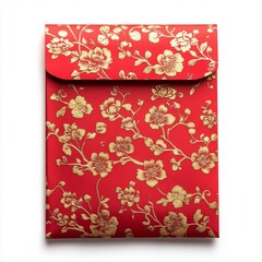 A vibrant red envelope adorned with intricate gold floral patterns, symbolizing prosperity and joy.