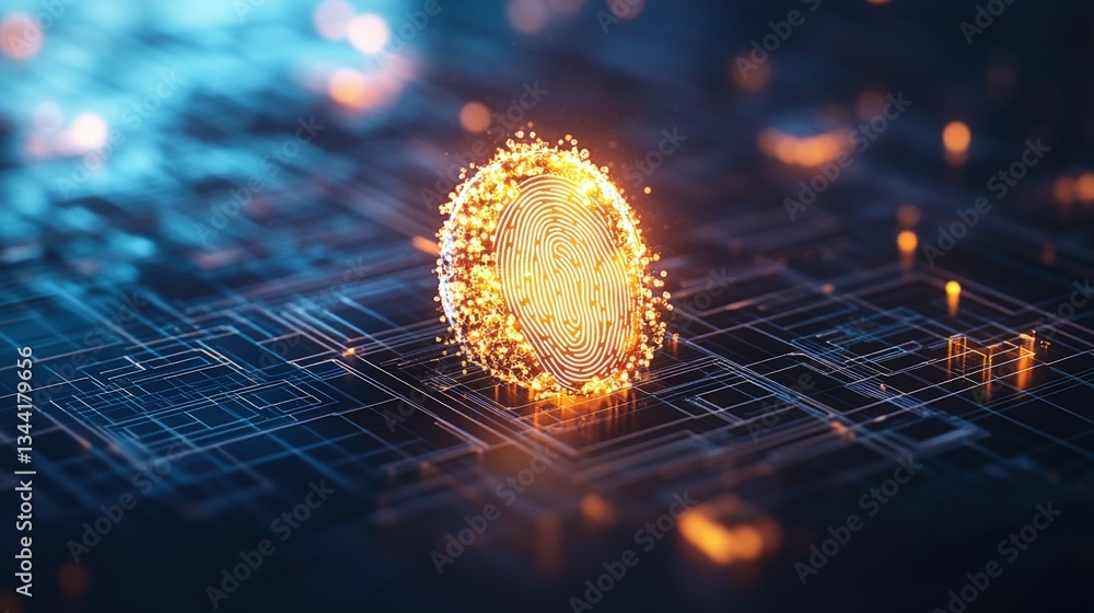 Poster a glowing orange fingerprint made of particles on a complex dark blue circuit board representing dig