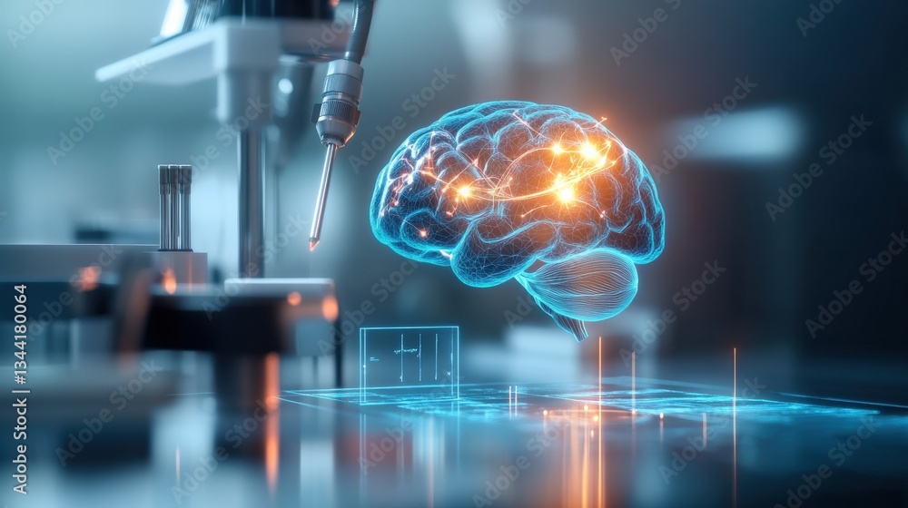 Poster scientific breakthroughs in neurology research lab digital art high-tech environment close-up view b