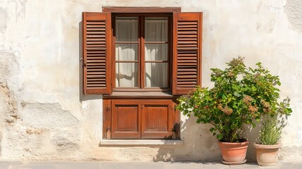 Rustic Brown Wooden Window Shutters and Potted Plant Against Weathered White Wall