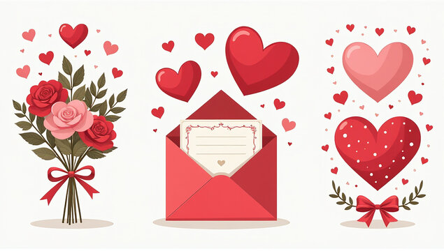 reeting cards valentine day vector cute illustrations festive decorative elements heart bouquet envelope sweets