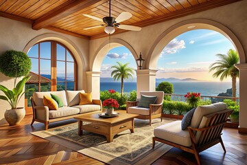 Mediterranean Interior Design:  Relaxing Armchairs, Sea View Arch & Ceiling Fan - 3D Render