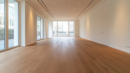 Obraz premium Spacious Empty Room with Light Wood Floor and Large Windows