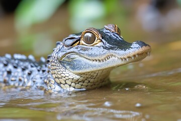 Baby alligator swimming in the wetlands, showing its teeth