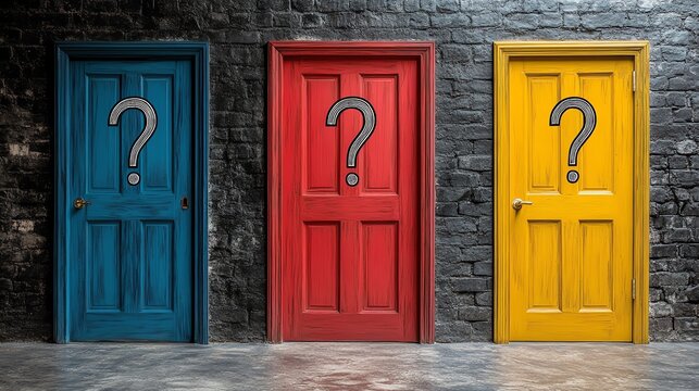 Colorful doors with question marks representing the challenging decision making process of choosing the right career path amid uncertainties and fears of missing better options