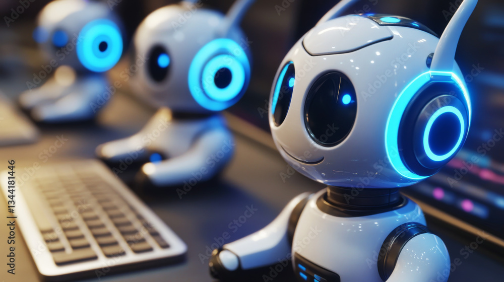 Poster cute robots, digital assistants on computer keyboard. vector cartoon illustration of chat bots, funn