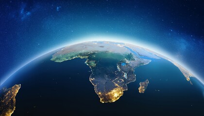 Panoramic view on planet Earth from space. Glowing city lights