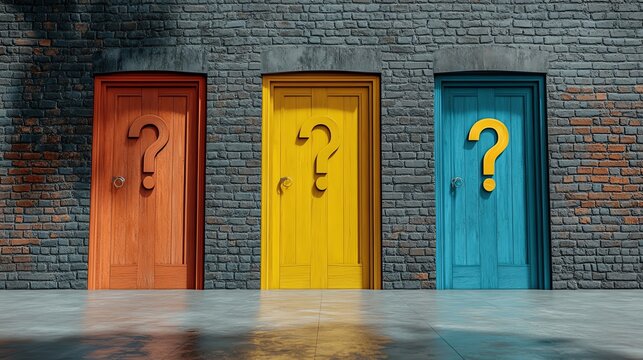 Colorful doors with question marks representing the challenging decision making process of choosing the right career path amid uncertainties and fears of missing better options