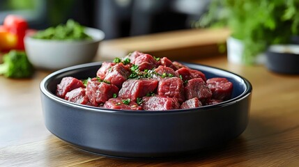 A bowl of meat with parsley on top