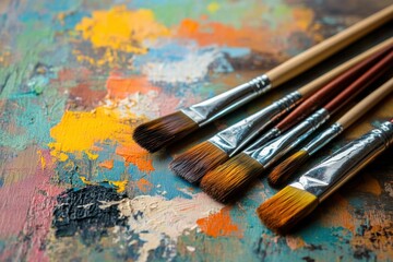 Obraz premium Paintbrushes and palette on table with natural light and copy space on right