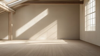 Fototapeta premium Empty room with a wooden floor and a large window on the right side. the room has a high ceiling with wooden beams and a skylight above it.