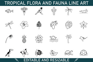 Tropical Flora Fauna Line Art Editable Resizable Vector Illustrations