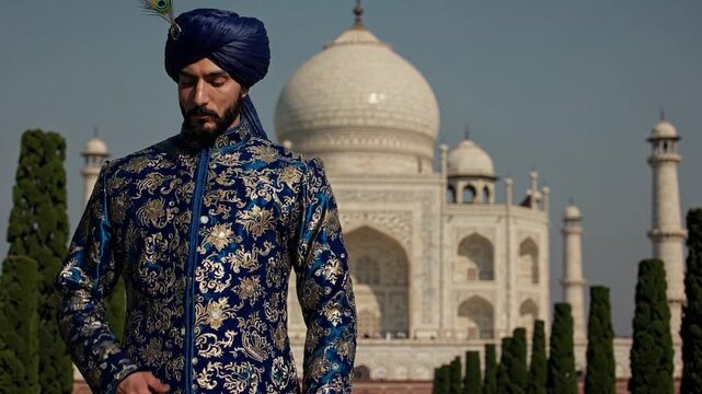 A Sikh Man in Traditional Attire Poses Proudly in Front of the Majestic Taj Mahal, Showcasing Cultural Heritage and Architectural Grandeur in Agra, India