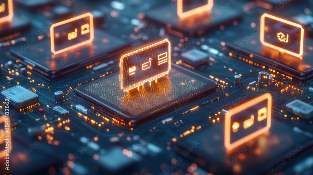 Poster close-up view of a circuit board showcasing glowing orange icons depicting various applications symb