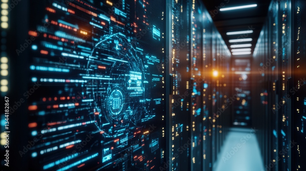 Poster long corridor filled with server racks in a modern data center featu vibrant holographic interface d