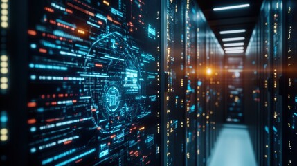Long corridor filled with server racks in a modern data center featu vibrant holographic interface displaying complex data streams and system info