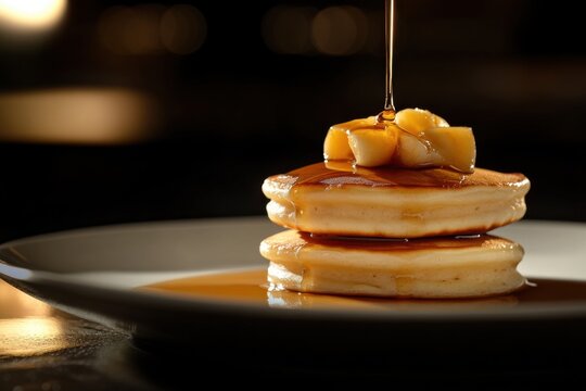 Pancakes with syrup drizzle and warm lighting