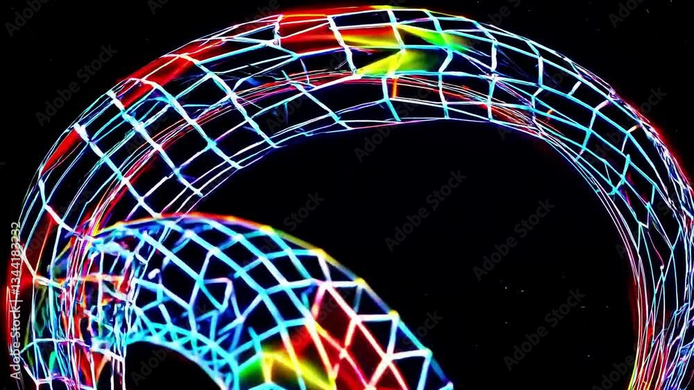 Poster a vibrant, abstract 3d wireframe structure featuring multicolored neon lines against a dark backdrop