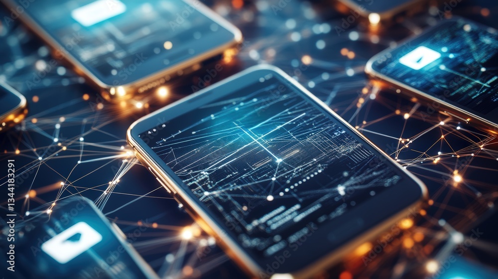 Poster a close-up digitally rendered image of interconnected smartphones displaying data visualizations and