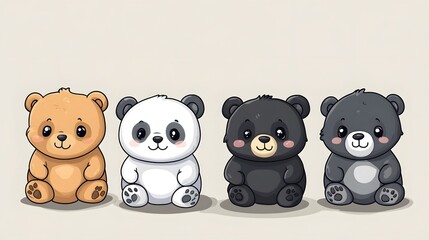 Cute Cartoon Teddy Bear Panda and Polar Bear Characters in Playful Doodle Collection