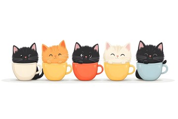 Fototapeta premium Cute Cats in Coffee Cups Greet Have a Nice Day