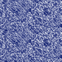 Geometric indigo shape seamless pattern. Irregular hand drawn batik texture for all over background. Imperfect blue acid bleed swatch. 