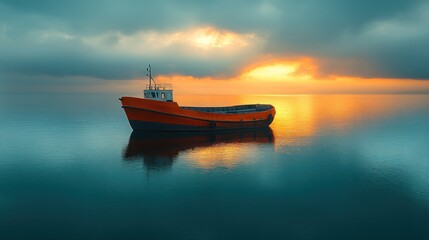 Fototapeta premium Orange fishing boat at calm sea during sunset.