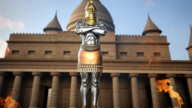 A statue made of various metals dream of an ancient empire king with an old palace in the background Biblical Prophecies World Empires 4K