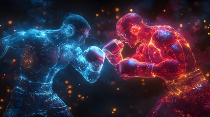 Futuristic boxing match glowing holographic fighters digital sports illustration