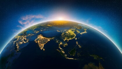 Fototapeta premium Panoramic view on planet Earth from space. Glowing city lights