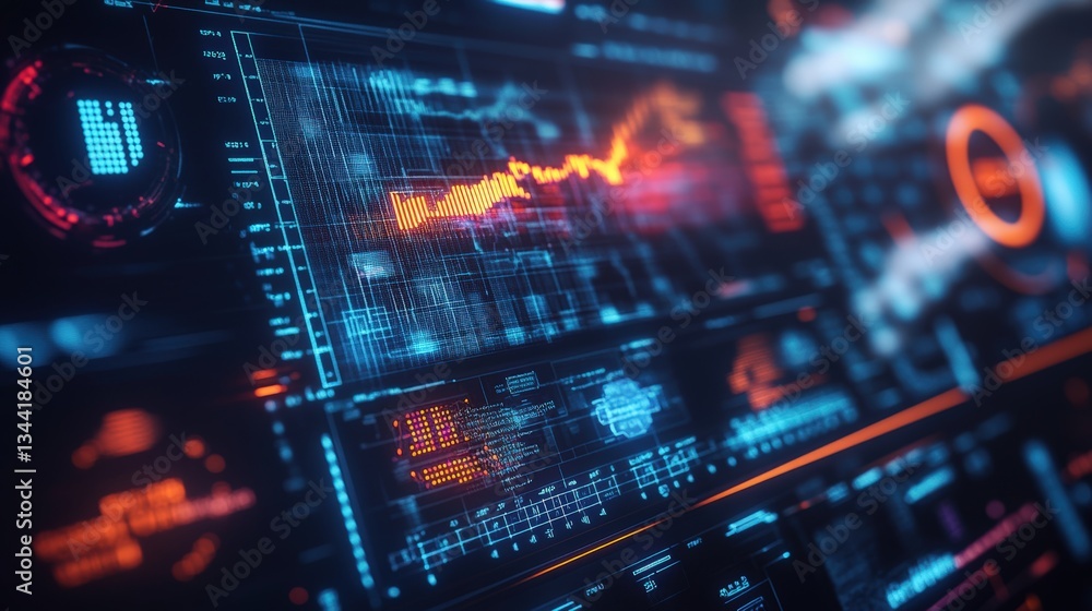 Poster close-up view of a futuristic digital interface showcasing glowing graphs charts and data streams in